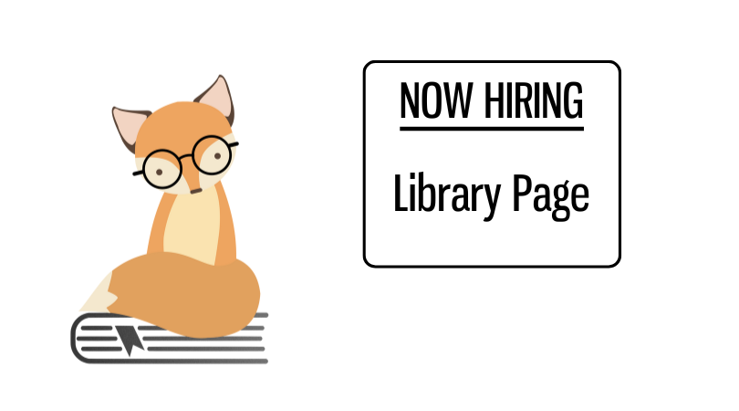 fox with glasses next to sign saying now hiring library page