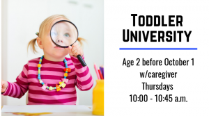 toddler university infographic with young girl using magnifying glass