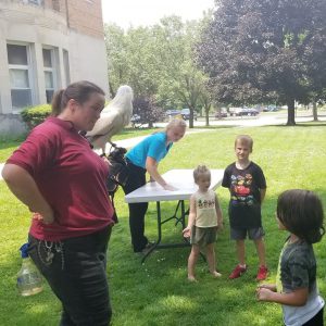 Hawk Creek animal handler with Egyptian vulture speaks to children