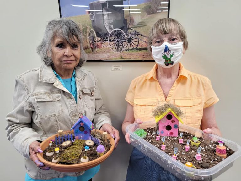 two women with fairy gardens, one in a round container, one in a rectangular one