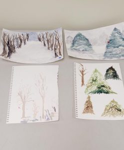 watercolor paintings of pine trees and bare trees in winter