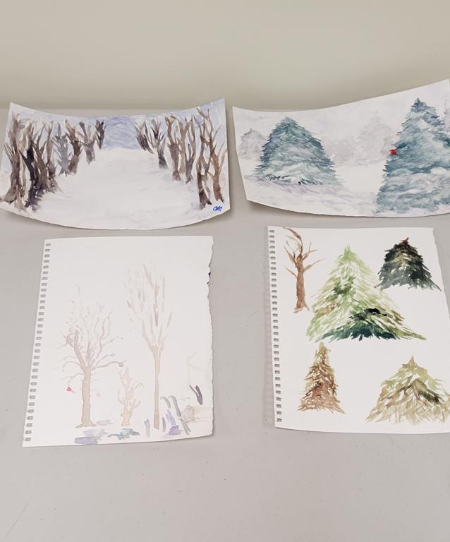 watercolor paintings of pine trees and bare trees in winter