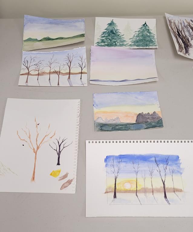 watercolor paintings of trees and winter landscapes