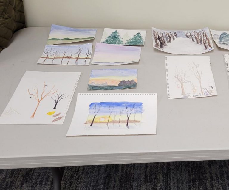 several watercolor paintings of winter landscapes and various types of trees
