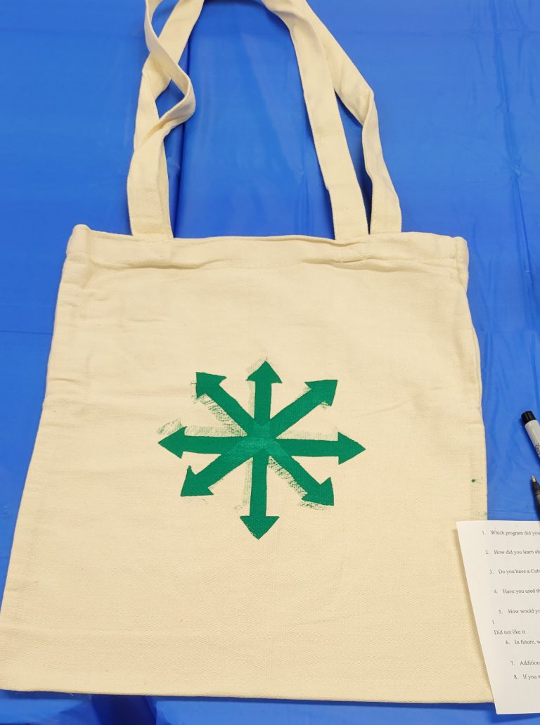 tan tote bag with green compass arrow pattern