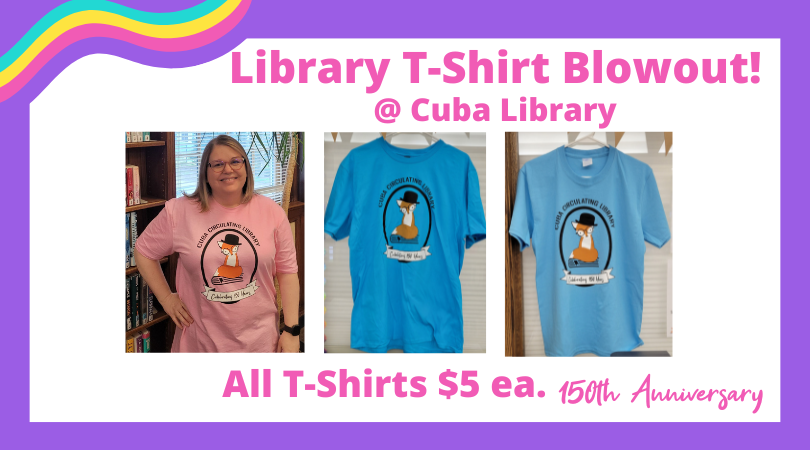 End of the year blowout sale on Cuba Library Anniversary T-shirts! All sizes only $5 each now! We have kids M-XL, and Adult all sizes S-3XL excluding 1XL, which are sold out. Adult sizes in the pink and turquoise, kids in the pale blue.