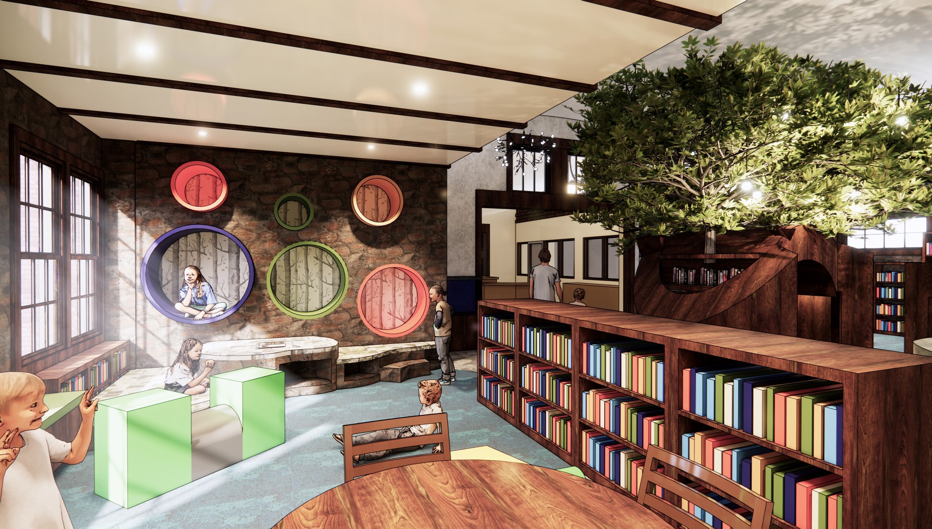 architectural rendering of room with long wooden bookcase, circular wall nooks large enough for children to sit inside, and a small multi-level stage for children to play