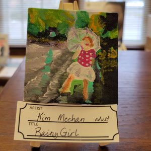 painting with green, orange, black, turquioise and grey background with girl in pink and white polka dot shirt and light grey skirt holding a light grey, purple and green umbrella