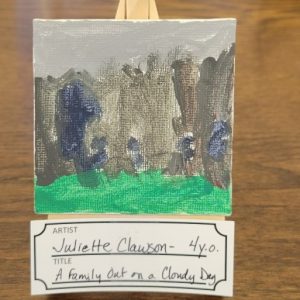 Painting with grey and brown background with green grass and purple figures