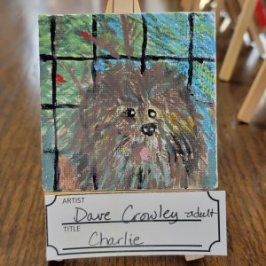 painting of brown dog with window looking out on tree and blue sky