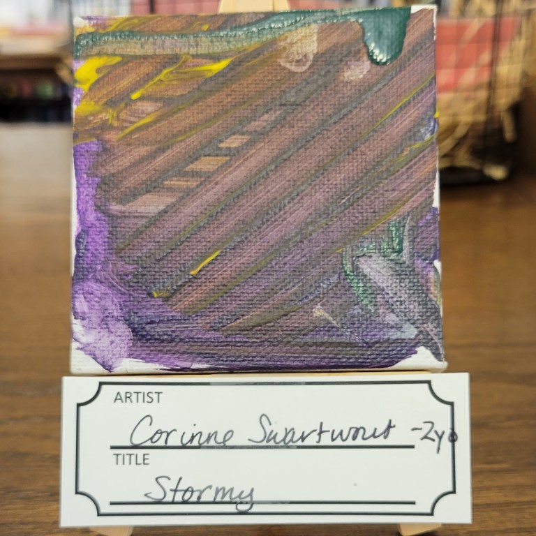 painting of smears of purple, brown, yellow, and green