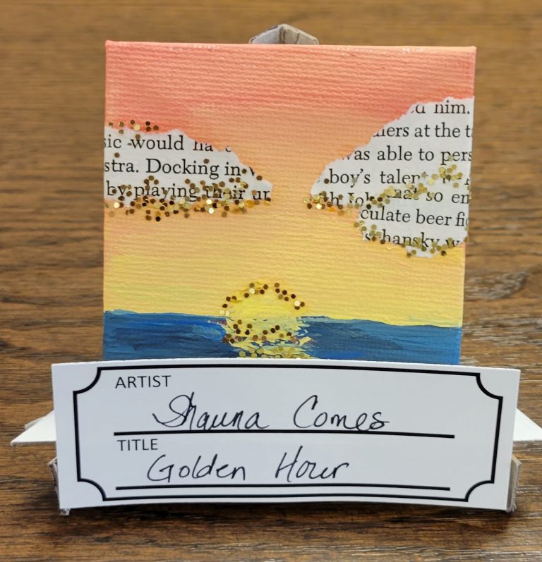 Peach, Pink, orange and yellow sunset with blue water, decoupaged book page clouds, and gold glitter