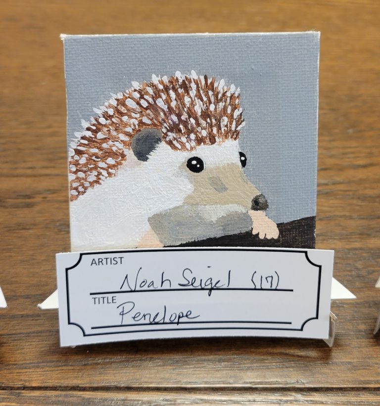 grey painting with brown and white hedgehog