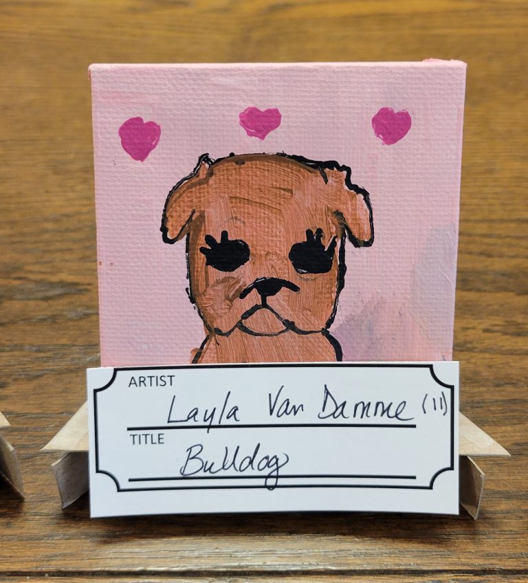 pink painting with dark fuchsia hearts and brown dog