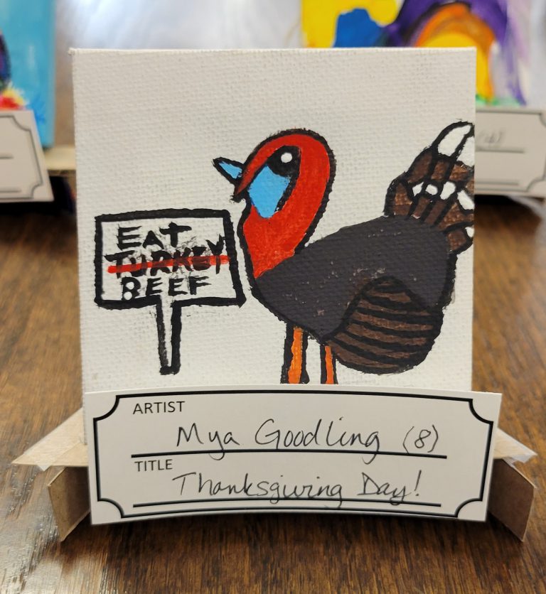 painting with white background of cartoon turkey with sign that says eat beef with turkey crossed out in red