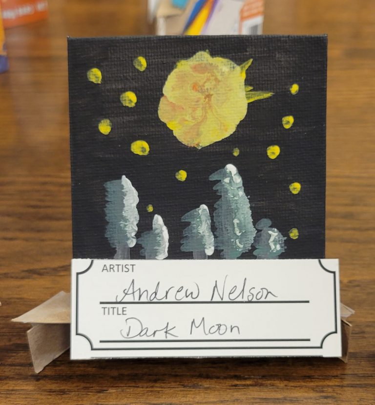 Black painting with Yellow Moon and stars and grey-green trees