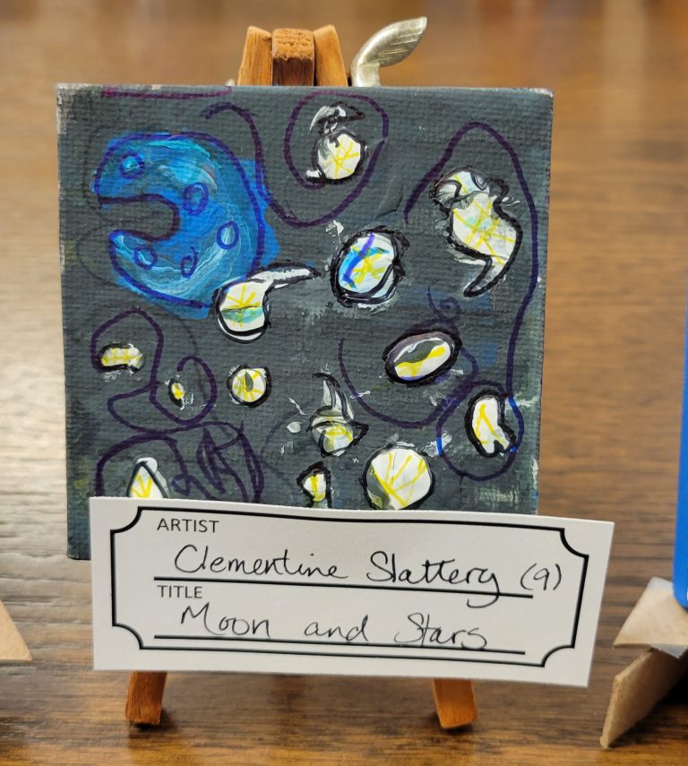 painting with grey background with blue moon in left corner and yellow and white dots, with purple lines and swirls