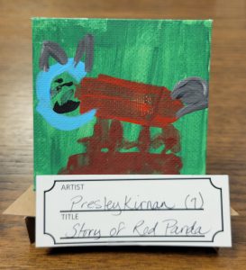 painting with green background with red, blue and grey animal