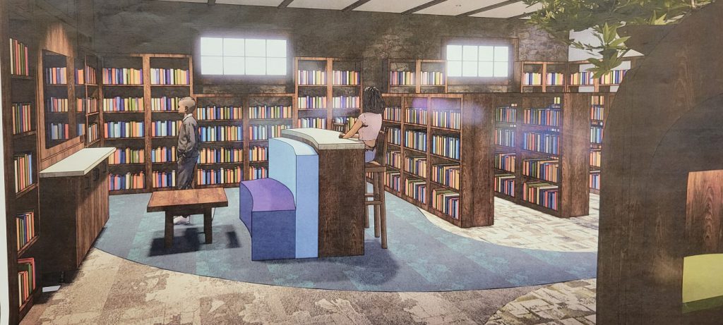 architectural rendering of view into young adult area with tv and hi-low seating area for homework and hanging out