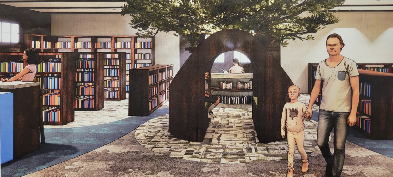 architectural rendering facing children's area of library from the front desk with view of large tree play seating structure and bookshelves