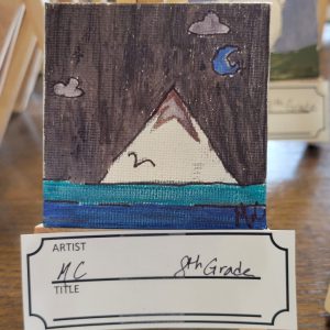 gray painting with blue and turquoise bands at the bottom and a white triangular mountain with gray and brown at the top and light grey clouds and a blue crescent moon in the sky