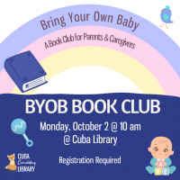 book club ad with image of cartoon baby, book, and baby rattle