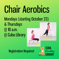 green background with images of woman performing chair aerobic exercises