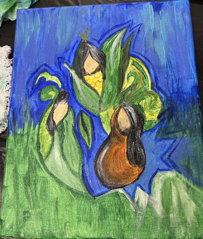painting with blue and green background with Native American "three sisters" plants of corn, squash, and green beans