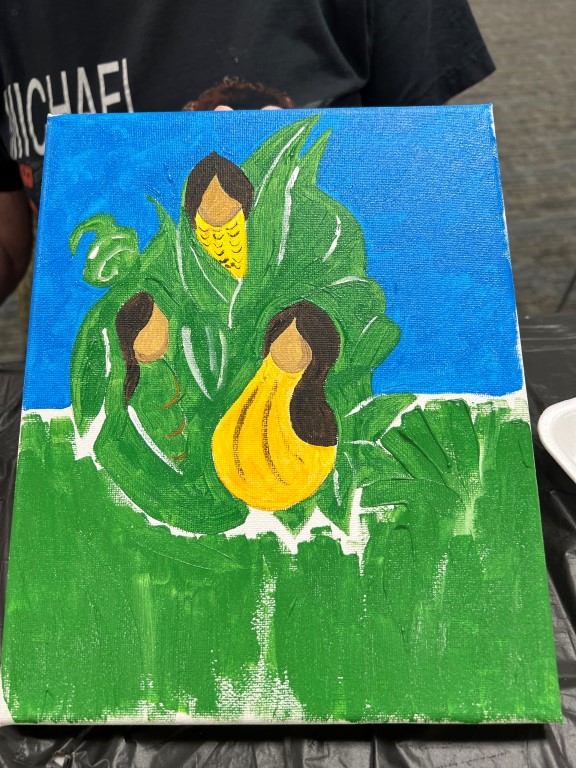 painting with blue and green background with Native American "three sisters" plants of corn, yellow squash, and green beans