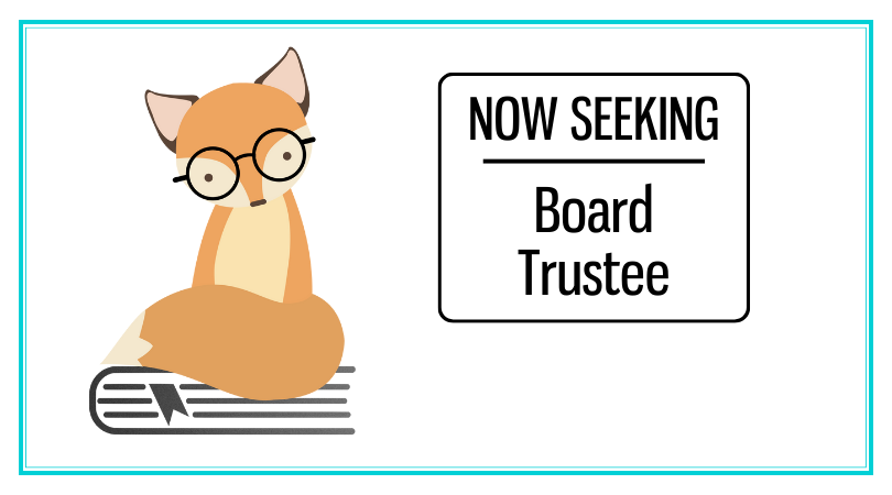 logo image of fox wearing glasses with text now seeking board trustee