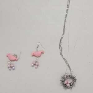 pink clay bird shaped earrings and silver wire bird nest pendant with pink beads