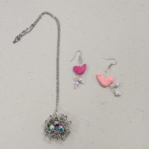 light and dark pink clay bird earrings and wire bird nest pendant with rainbow beads