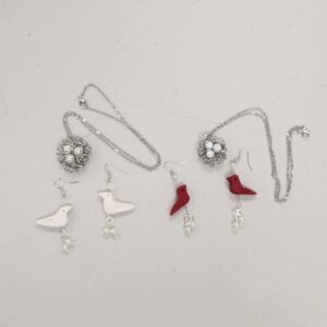 red and white clay bird earrings with wire nest pendants with white beads