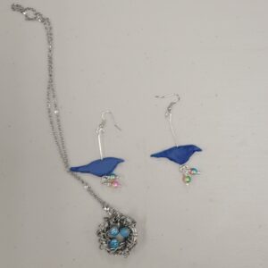 blue clay bird earrings and wire bird nest pendant with blue beads