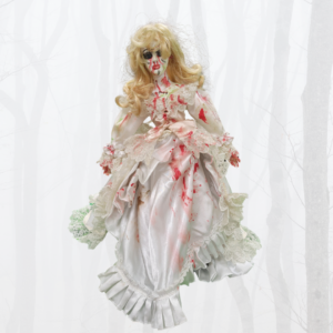 porcelain doll with bloody wedding dress and face painted with blood and stitched cuts