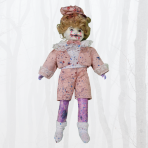 porcelain doll with mouth painted stitched closed, purple legs and hands, and paint splatters