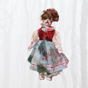 porcelain doll with bloody face and clothes with green stains and blood smears