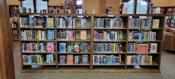 freestanding wooden bookshelf with books