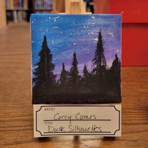 A small canvas painting of tree silhouettes against a blue to purple night sky with stars.