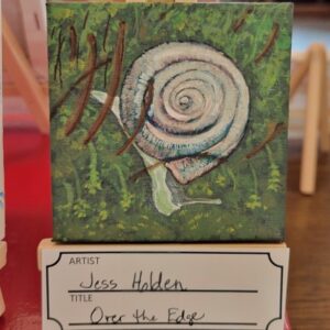 Square painting of a snail on a green background with a label below.