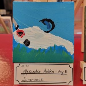 Abstract painting of a white fish lure with black and red details on a blue background.