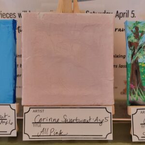 A pale pink textured canvas on a wooden easel with a label displaying artist and title information.