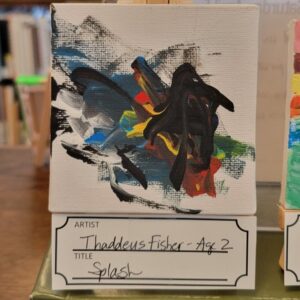 Abstract painting with bold, colorful brushstrokes on a small canvas.