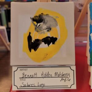 Abstract painting with yellow, black, and gray brushstrokes.
