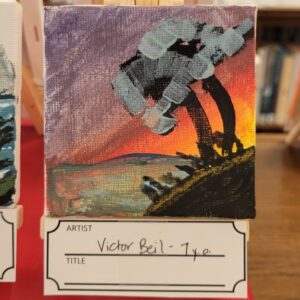 Canvas painting of a tree against a colorful sunset, with a label