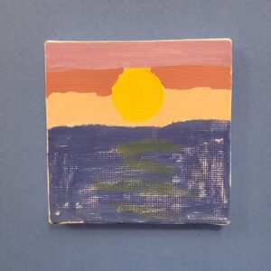 A small square painting of a sunset over an ocean, with a yellow sun, pink and peach sky, and blue water.