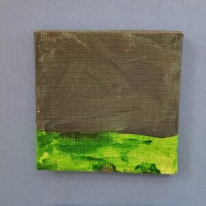 Abstract painting on a square canvas with dark brown and bright green sections.
