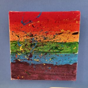 colorful abstract painting with horizontal stripes and paint splatters.