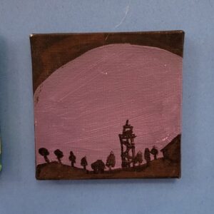Silhouette of trees and a watchtower against a purple sky on a small canvas painting.