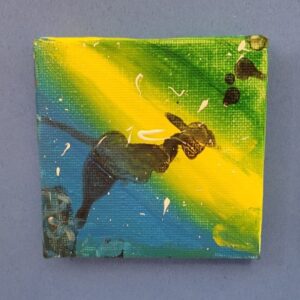 Abstract painting with blue, green, and yellow gradients, dark shapes, and white splatters.